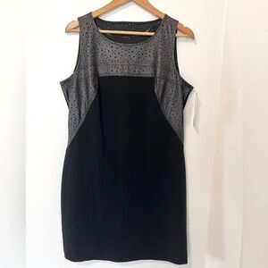 Bianca Nygard midi black dress faux leather trim along neckline & shoulders 16W